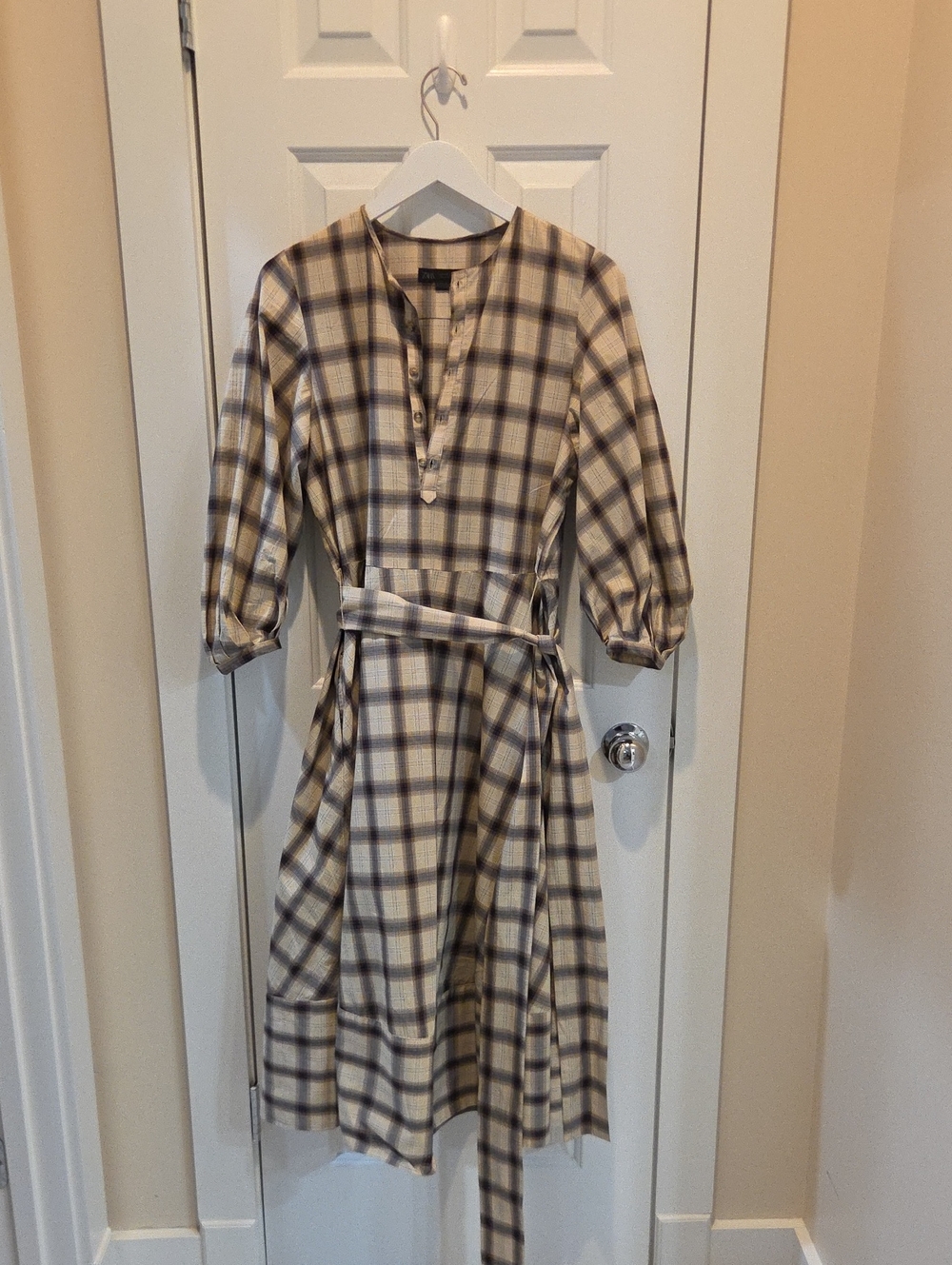 Zara Cream and Brown Plaid Midi Dress with Belt